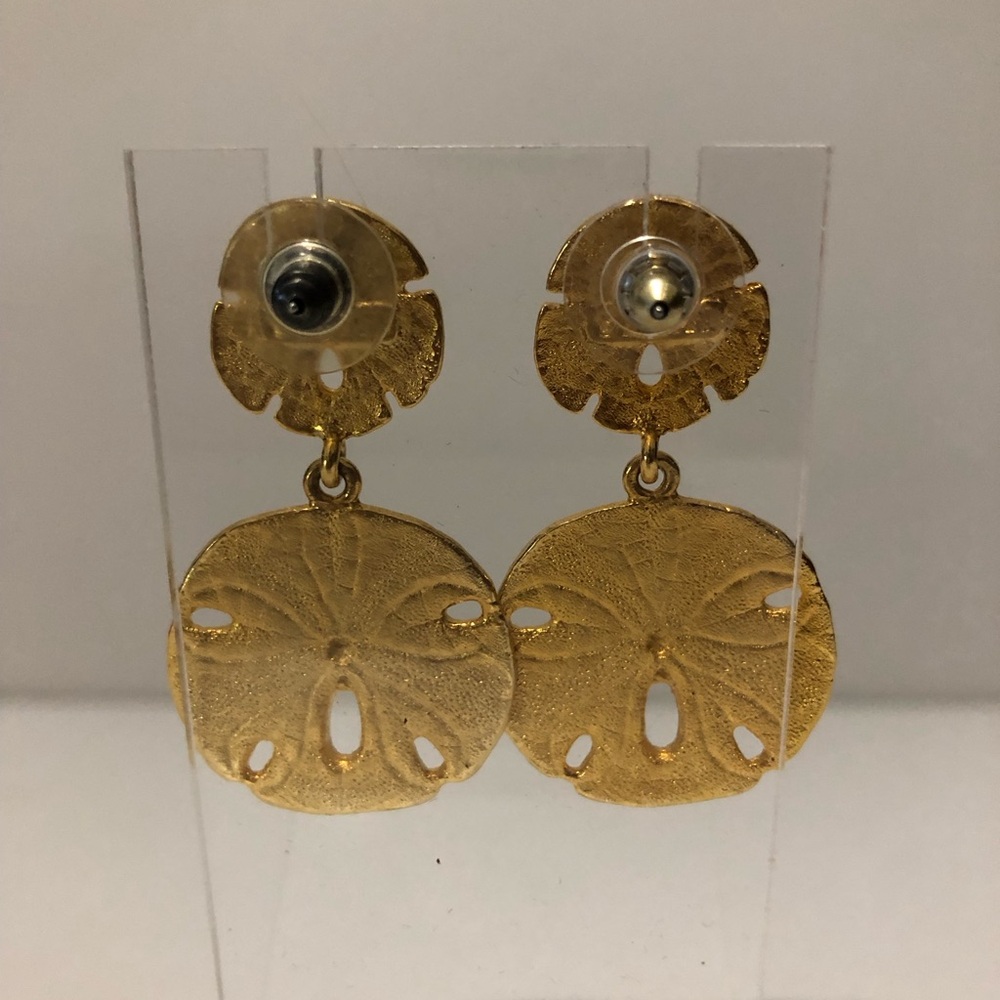 Vintage Erwin Pearl Brushed Gold Sand Dollar Drop Dangle Earrings Crystal Accent - Picture 2 of 6